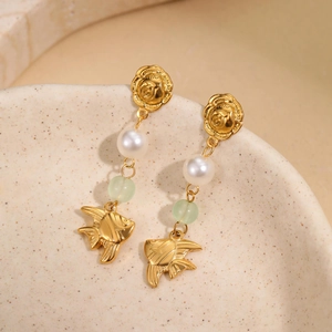 Elegant gold drop earrings with rose studs, pearls and engraved fish pendants