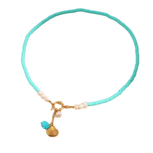 Bohemian turquoise clay bead necklace with pearls, shell pendant and small fish charm