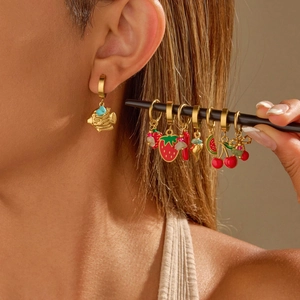 Fruit Pendant Hoop Earrings 18K Gold Plated Stainless Steel Enamel Cherry Strawberry Summer Jewelry For Women