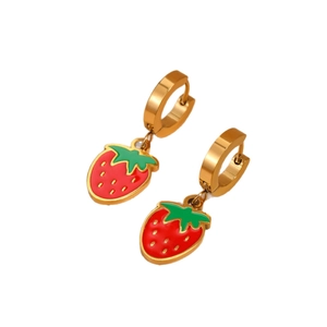 Elegant 18k gold plated cherry hoop earrings with red fruit and green leaf pendants