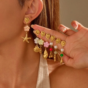 Stainless Steel Dangle Earrings Ocean Shell Starfish Fish Resin Flower Faux Artificial Pearl 18K Gold Plated Beach Vacation Women