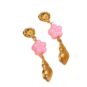 Ocean-style 18k gold seashell tassel earrings with pink flower and rose studs