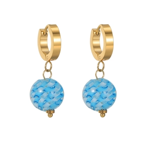 Orecchini vintage in oro con ciondoli a sfera in vetro a spirale bianco e blu
