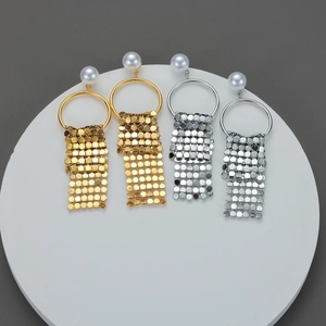 Boucles D'oreilles Pendantes À Franges En Acier Inoxydable Pour Femmes Avec Künstliche Perle D'imitation Et Maille À Paillettes