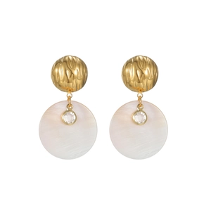 Boucles d'oreilles rondes minimalistes en nacre avec métal doré martelé et nacre irisée