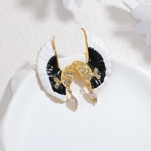 Elegant 18K gold plated butterfly stud earrings with black white enamel and crystals