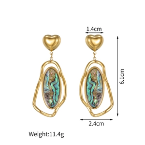Detailed size specifications for 18K gold geometric heart earrings with abalone shell