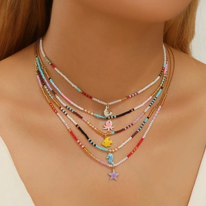 Bohemian Handmade Beaded Necklace With Sea Animal Pendant Seahorse Starfish Crab Tropical Fish Octopus Stainless Steel Chain Women Beach Vacation Jewelry