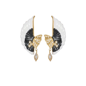 Elegant gold earrings with black white enamel, black zircon, and clear drop crystals