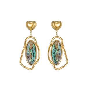 18K gold-plated geometric heart earrings with iridescent abalone shell pendants