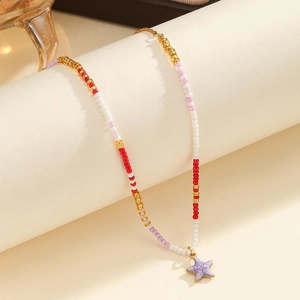 Summer colorful beaded necklace with purple starfish pendant and golden ocean charms