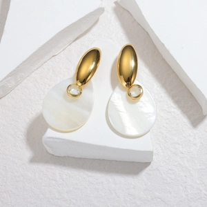 18K gold plated titanium steel teardrop earrings with white shell inlay and crystal detail