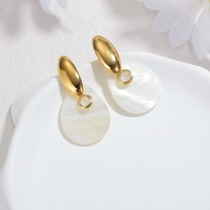Elegant 18K gold teardrop earrings with white mother-of-pearl and cubic zirconia details