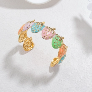 Fashionable strawberry open C-shaped bracelet with colorful enamel macarons and gold plating