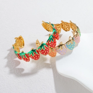 Colorful strawberry enamel open cuff bracelet in 18k gold plated stainless steel for women