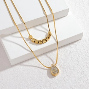 Double-layered gold stainless steel necklace with water drop pendant and faceted square beads