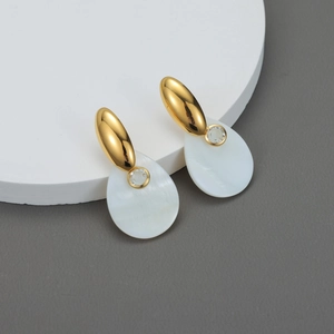 Vintage Drop Earrings 18K Gold Plated Stainless Steel With Teardrop Mother Of Artificial Pearl Style Shell And Zircon For Women