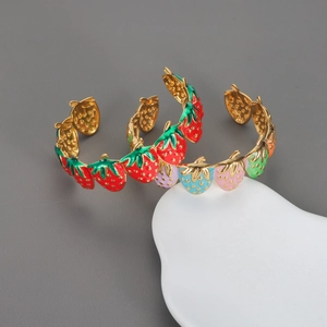 Sweet Strawberry Enamel Cuff Bracelet Stainless Steel Adjustable Fruit Jewelry For Women Girls