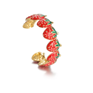 Adjustable 18K gold plated strawberry enamel cuff bracelet with red fruit and green leaves