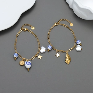 Women Ocean Series Stainless Steel Bracelet Gold Plated With Blue White Ceramic Beads Conch Starfish Charms Elegant Jewelry