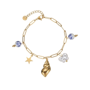 Gold stainless steel ocean bracelet with star, conch and blue flower ceramic charms