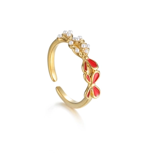 Bowknot pearl open ring with red enamel and gold-plated finish on white background