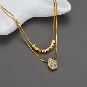 Double Layered Gold Plated Stainless Steel Snake Chain Necklace Water Drop Pendant Zirconia Minimalist Jewelry For Women
