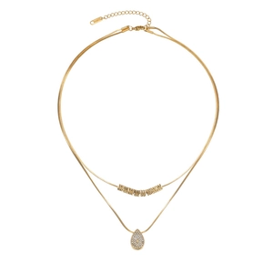 Double layered gold plated stainless steel necklace with sparkling heart diamond pendant