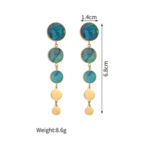 Detail view of 18K gold long tassel earrings with marbled teal rings and size labels