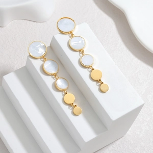 18k gold plated stainless steel long drop earrings with white mother of pearl inserts