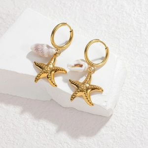 18k gold plated stainless steel starfish and seashell drop hoop earrings for summer