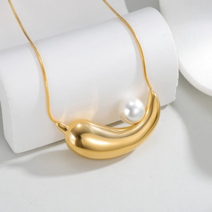 Minimalist gold plated stainless steel snake chain necklace with pearl waterdrop pendant