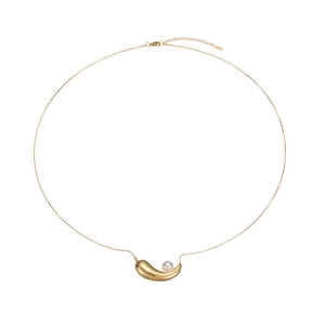 Minimalist gold teardrop necklace with pearl accent on a sleek metallic cable chain