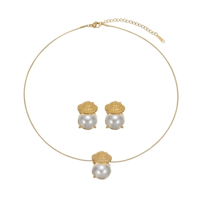 Elegant gold-tone stainless steel shell pearl necklace and stud earrings jewelry set