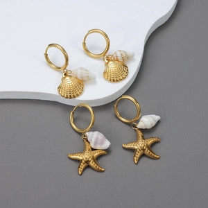 Starfish Seashell Drop Hoop Earrings 18K Gold Plated Stainless Steel Ocean Beach Jewelry For Women