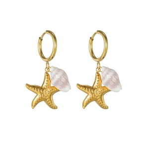 Ocean style 18k gold plated stainless steel starfish and seashell drop earrings for women