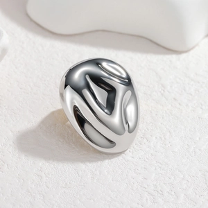 Polished silver stainless steel open ring with artistic liquid flowing wavy design