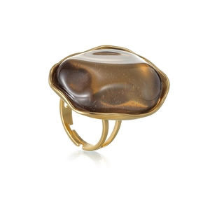 Klobiger 18k vergoldeter ovaler Ring mit braunem Kunstharzstein für Damen, modern