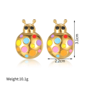 18k gold plated titanium ladybug earrings with colorful enamel dots and dimensional data