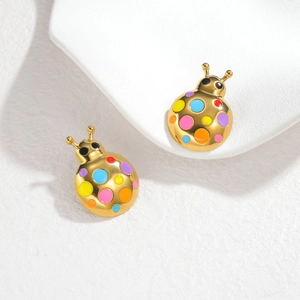 Chic 18k gold plated stainless steel ladybug stud earrings with colorful enamel dots