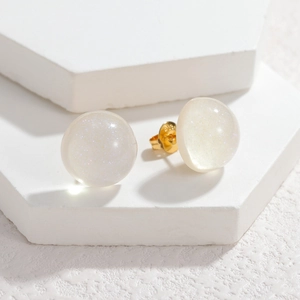 Minimalist S925 silver candy bead studs with creamy iridescent finish and golden metal base