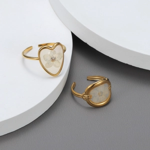 Stainless Steel Heart Oval Adjustable Open Rings With Natural Dried Flower Resin Vintage Romantic Nature Jewelry For Women
