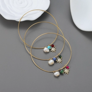 Minimalist Stainless Steel Bangle 18K Gold Plated With Artificial Pearl Rhinestone Star And Colorful Stone Charms For Women