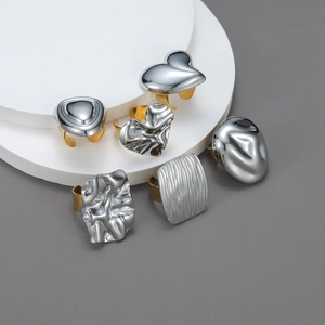 Stainless Steel Ring 18K Gold Plated Contrast Color Irregular Liquid Metal Molten Texture Modern Fashion Jewelry Women
