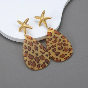 Boucles D'oreilles Pendantes Goutte Imprimé Léopard Avec Étoile De Mer Dorée Acier Inoxydable Tige En Résine Bijoux Bohème
