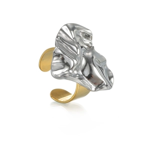 Adjustable 18k gold and silver two-tone stainless steel ring with liquid metal texture