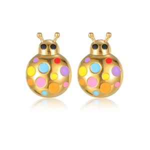 Colorful ladybug stud earrings in 18k gold finish with multi-color dotted enamel patterns