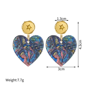 Iridescent acetate heart drop earrings with star pattern golden studs 4.3cm length