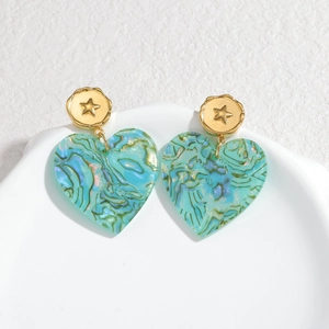 Elegant heart earrings with turquoise marble texture and golden star studs for women