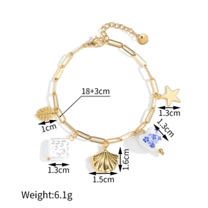 Gold stainless steel ocean bracelet with leaf shell and ceramic charms 18+3cm